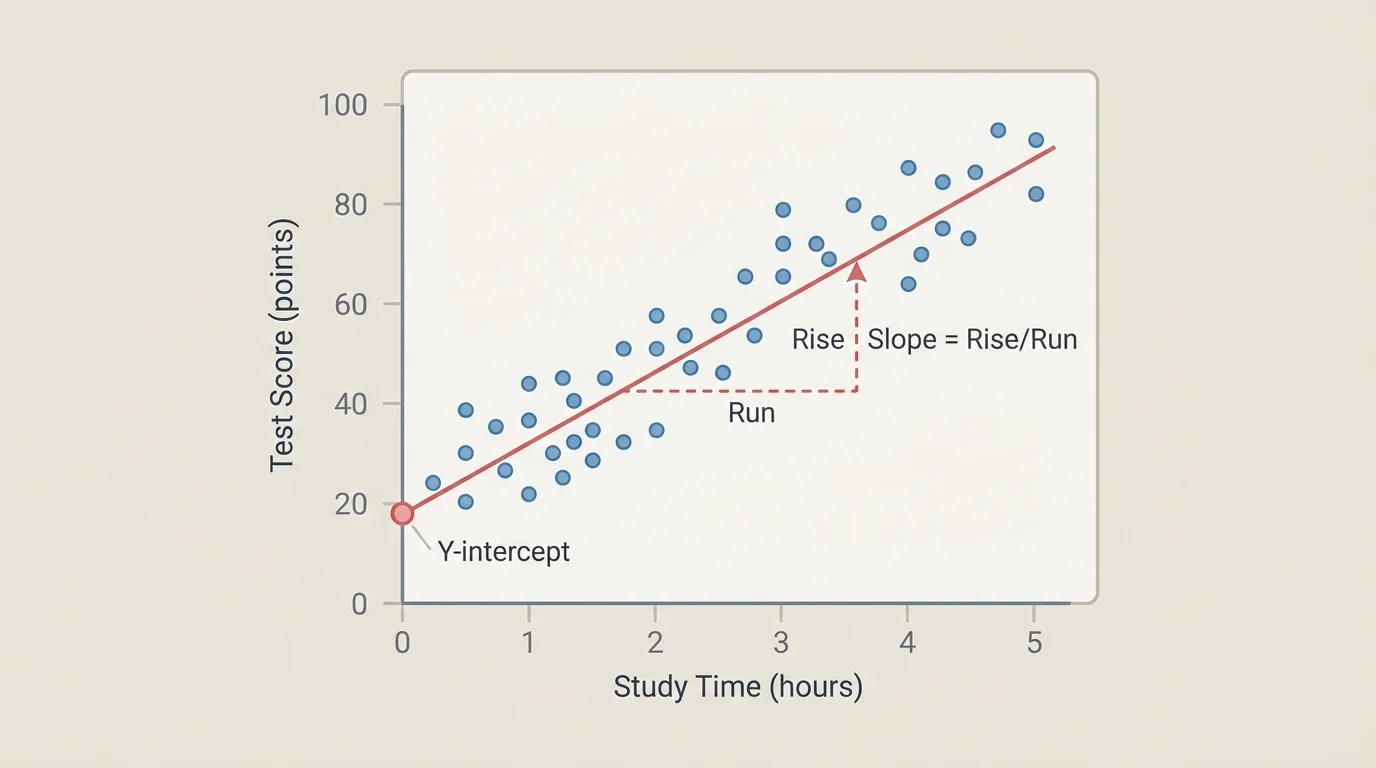 scatter plot of study time versus test score with a best-fit line drawn through the center, y-intercept marked, and a small rise-over-run triangle showing slope