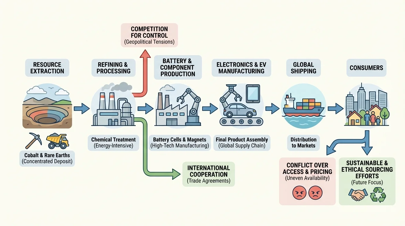 flowchart showing mining of cobalt and rare earths, refining, battery production, electronics or electric vehicle manufacturing, and global shipping to consumers
