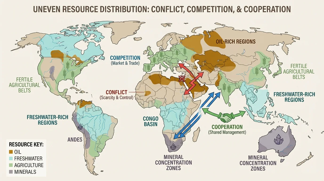 world map shading major oil regions, freshwater-rich regions, fertile agricultural belts, and mineral concentration zones