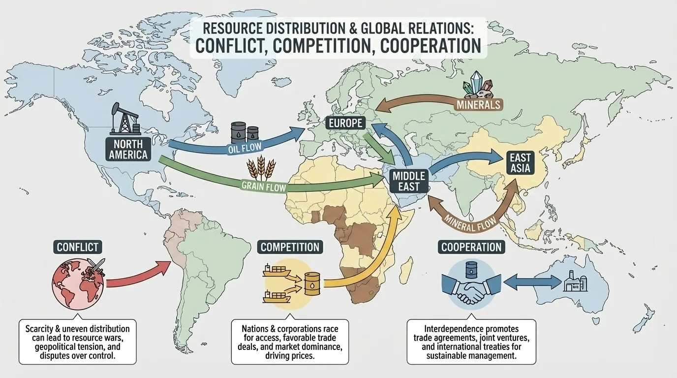 map showing oil, grain, and mineral trade routes between producing and importing regions including the Middle East, Europe, East Asia, and North America