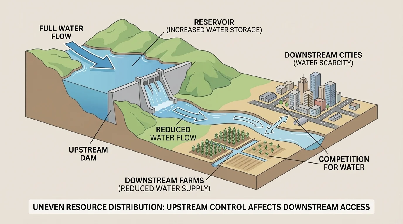 river basin diagram showing an upstream dam, downstream farms and cities, arrows indicating water flow and reduced downstream supply