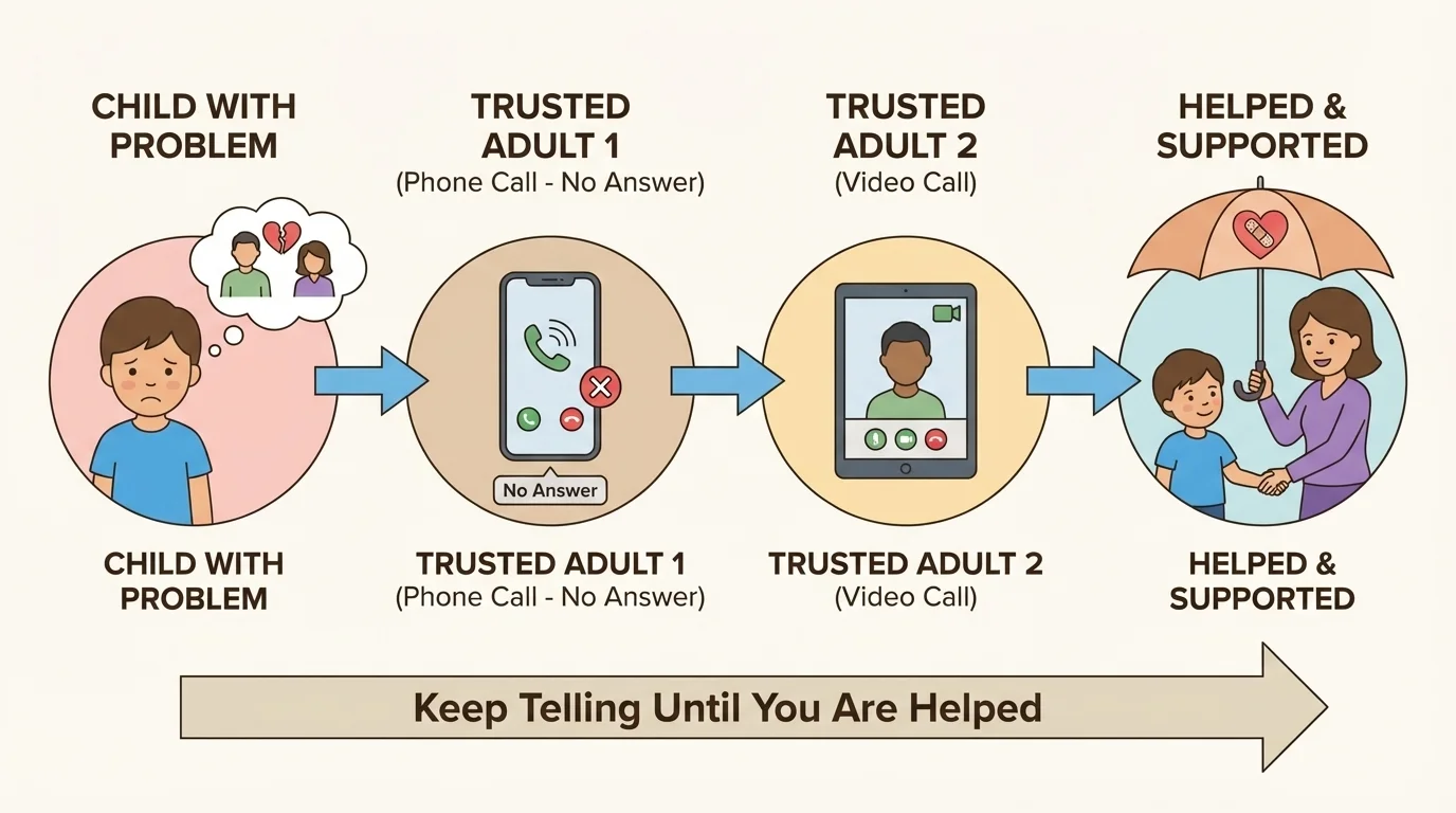 child contacting one trusted adult and then another by phone and video call, showing keep telling until helped
