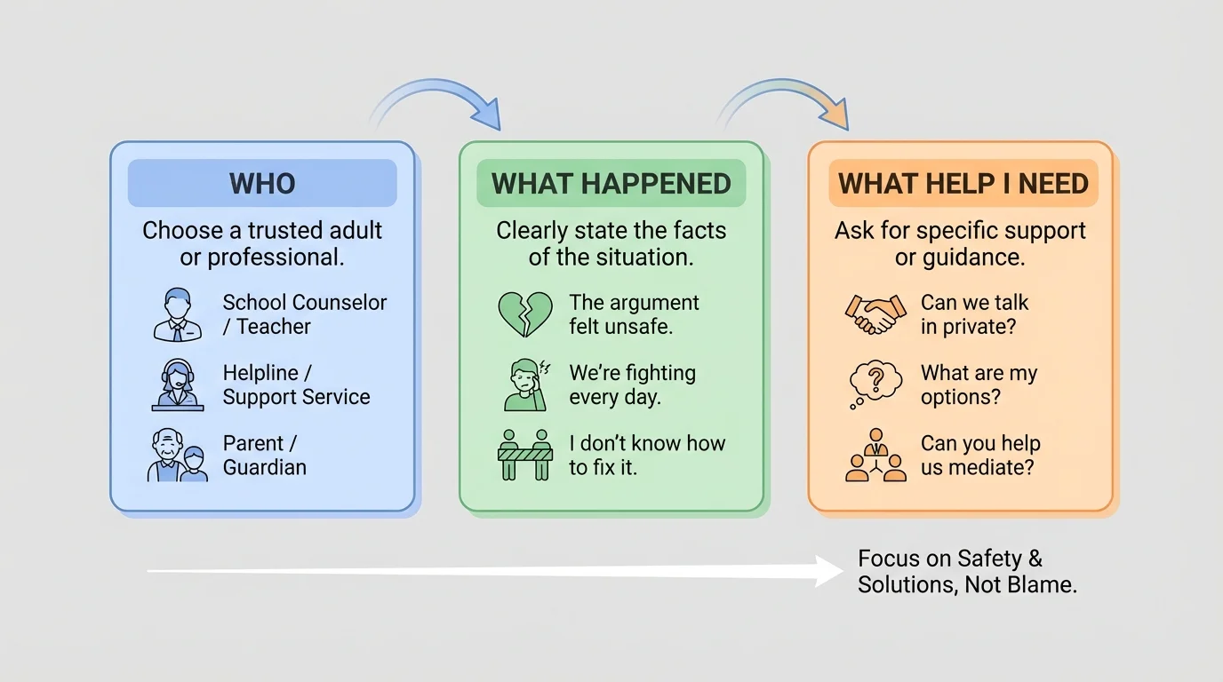 three-step speaking script with boxes labeled who, what happened, what help I need