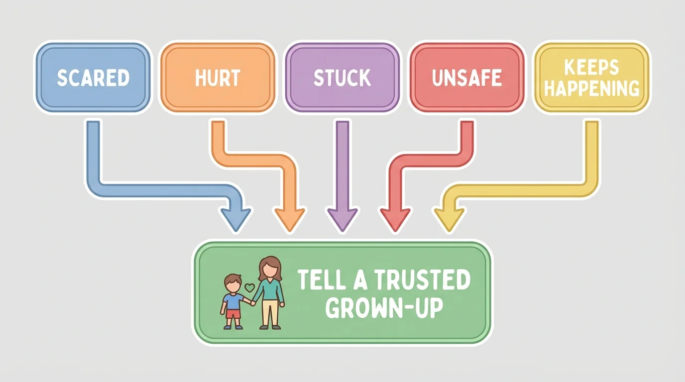 child-friendly decision flow with boxes labeled scared, hurt, stuck, unsafe, keeps happening, and arrows leading to tell a trusted grown-up