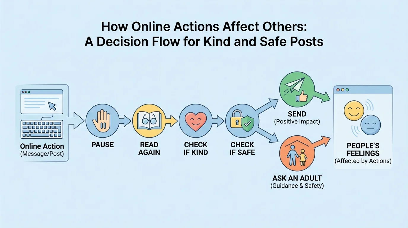 child-friendly decision flow showing Pause, Read again, Check if kind, Check if safe, then Send or Ask an adult, with simple icons