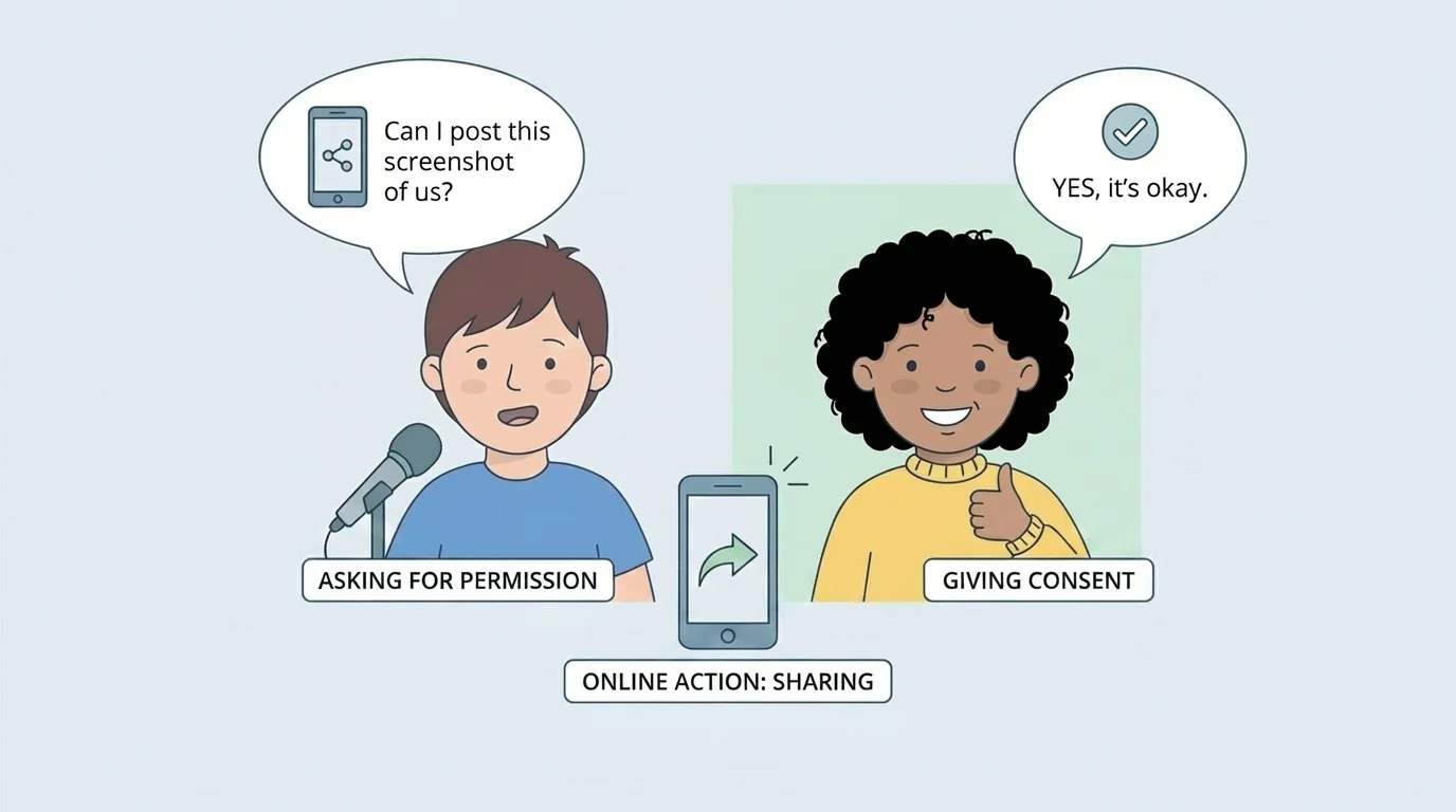 two children on a video call, one asks before posting a screenshot, the other responds with a clear yes or no, with a phone and share icon nearby