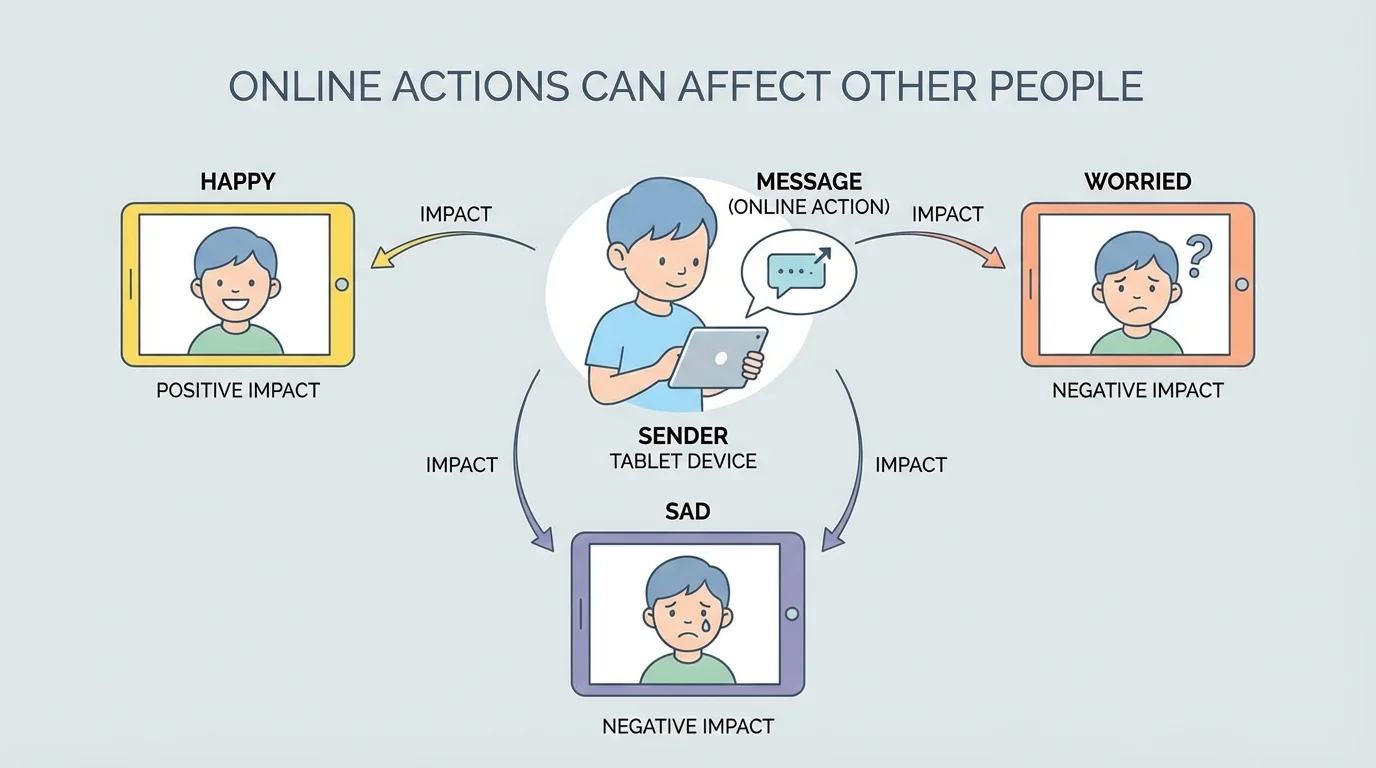 child sending a message on a tablet, with other children on separate screens showing happy, sad, and worried feelings