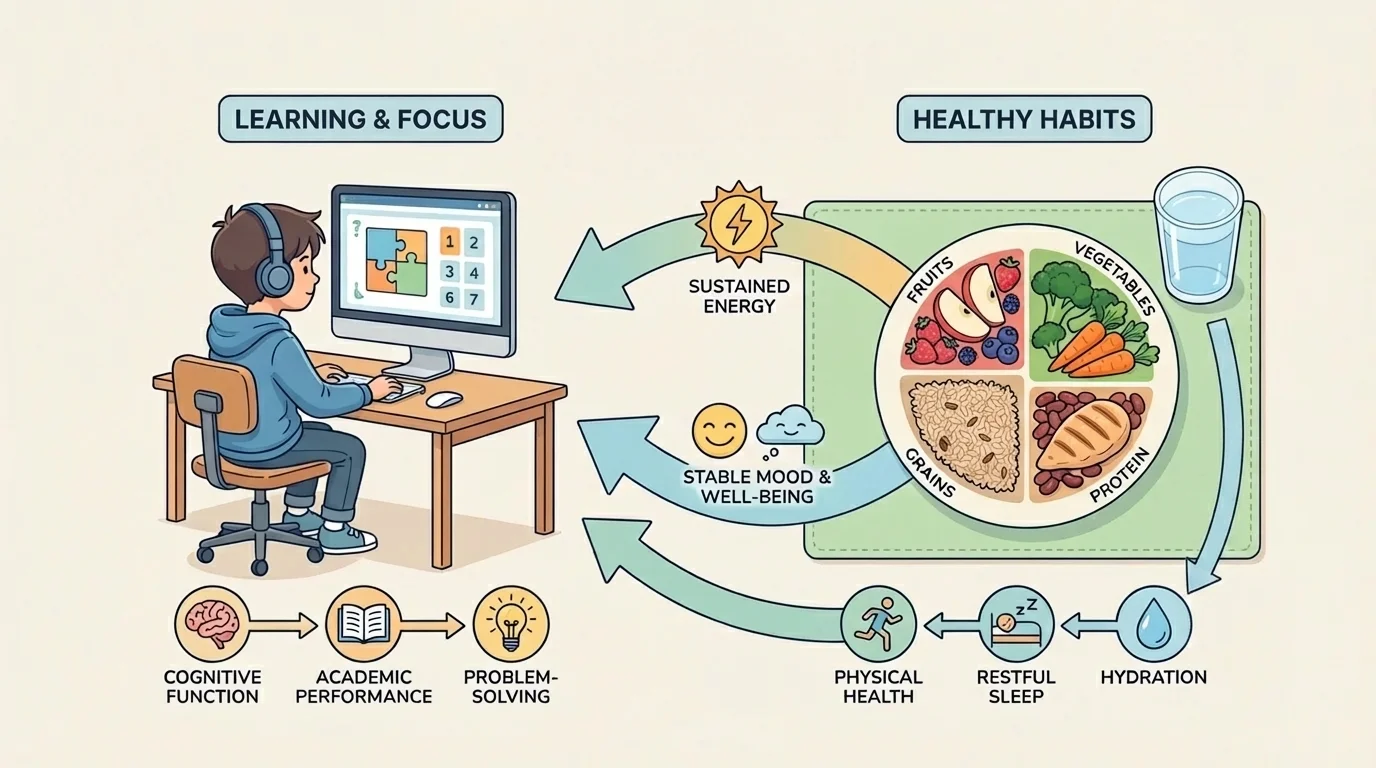 healthy meal with fruit, vegetables, grains, protein, and a glass of water next to a child learning on a computer at home