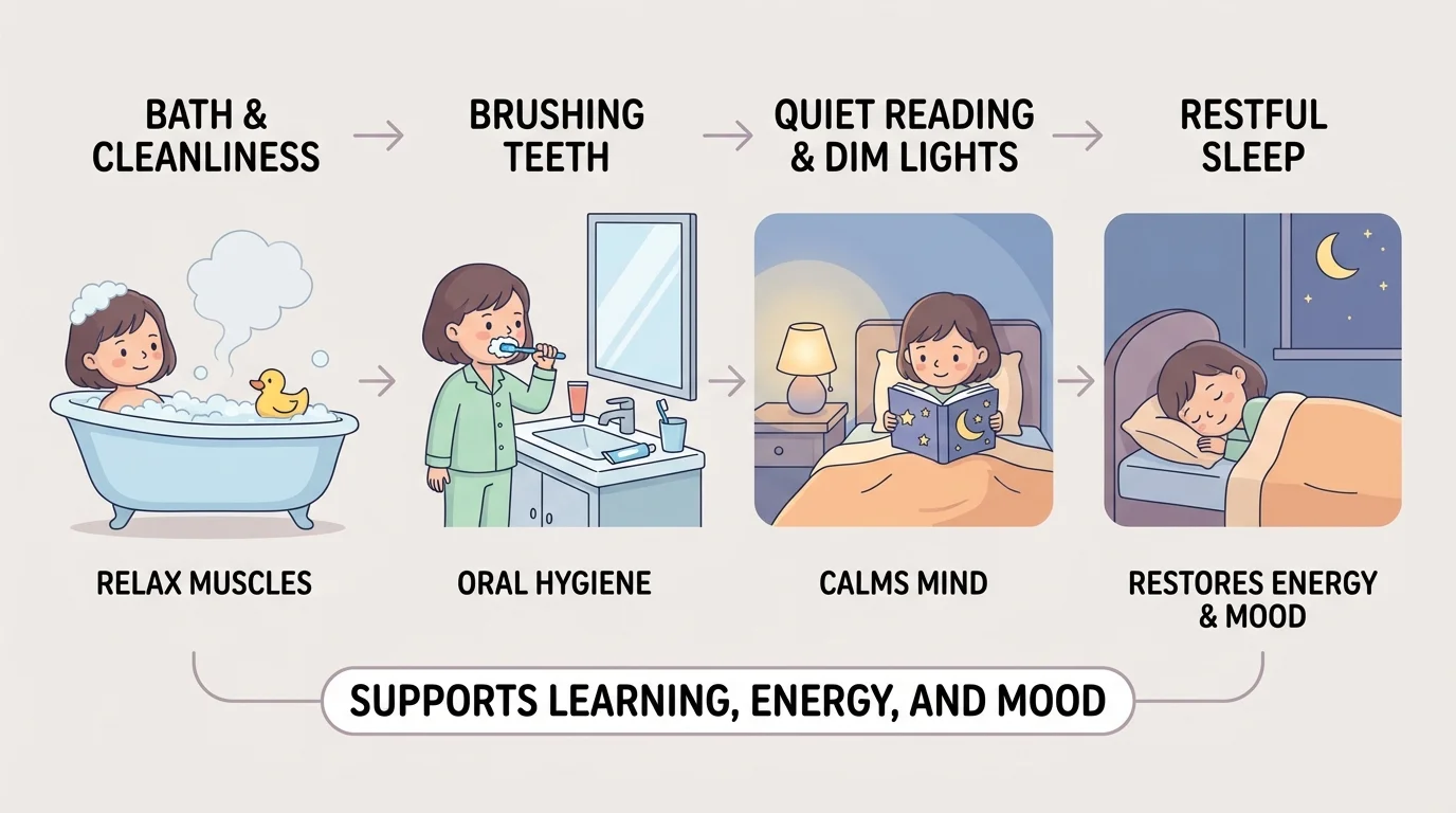 child bedtime routine with bath, brushing teeth, reading a book, dim lights, and sleeping in bed at night