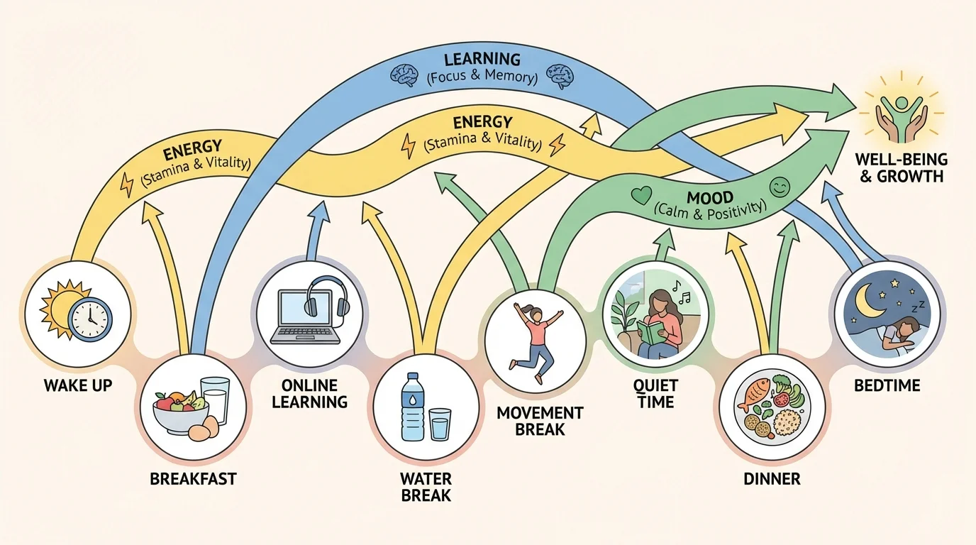 simple daily routine with wake up, breakfast, online learning, water break, movement break, quiet time, dinner, bedtime