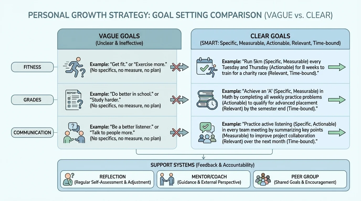 chart comparing vague goals and clear goals with examples for fitness, grades, and communication, showing specific actions, measures, and deadlines