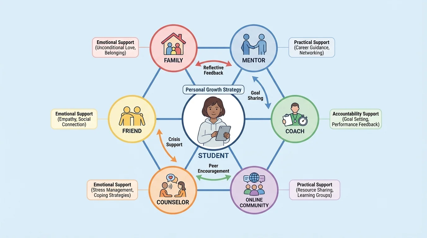 diagram of a student at the center of a personal support network with surrounding circles labeled family, mentor, friend, coach, counselor, and online community, with notes for emotional, practical, and accountability support