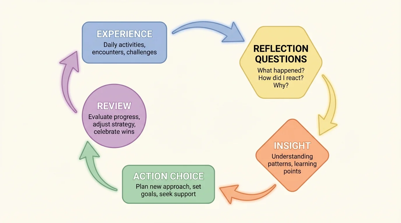 flowchart showing a personal reflection cycle with boxes labeled experience, reflection questions, insight, action choice, and review connected by arrows