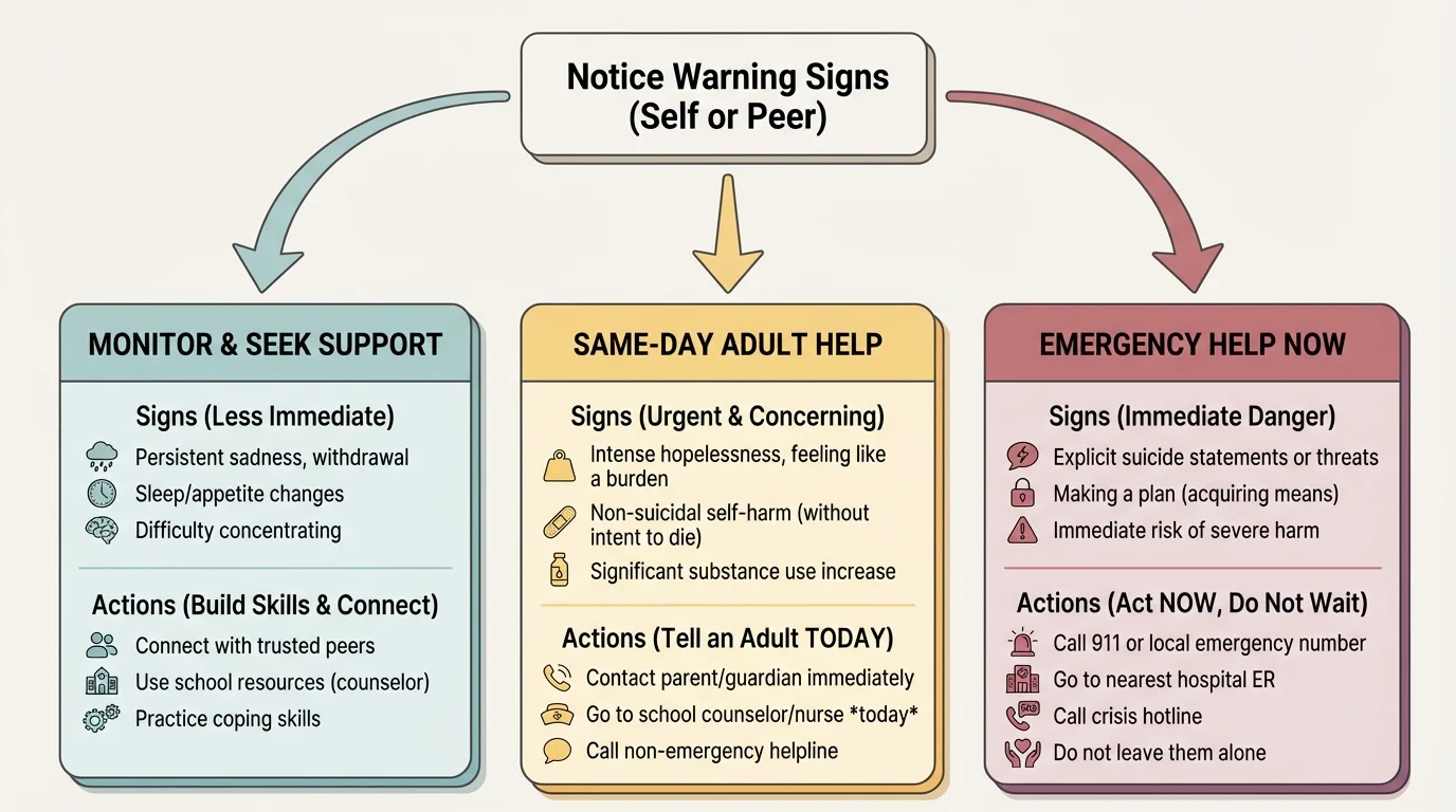 Decision tree with three levels—monitor and seek support, same-day adult help, emergency help now—based on warning signs like hopelessness, self-harm, and suicide statements