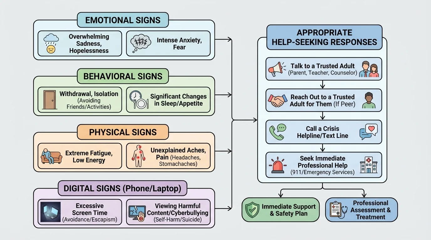 Flowchart showing emotional, behavioral, physical, and digital warning signs of severe mental health distress in a teenager at home using phone and laptop