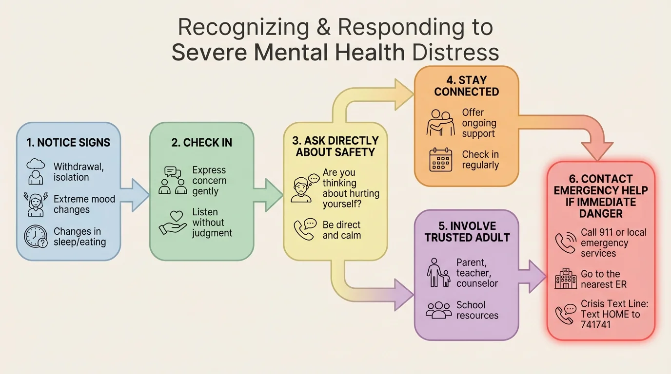 Flowchart showing steps: notice signs, check in, ask directly about safety, stay connected, involve trusted adult, contact emergency help if immediate danger