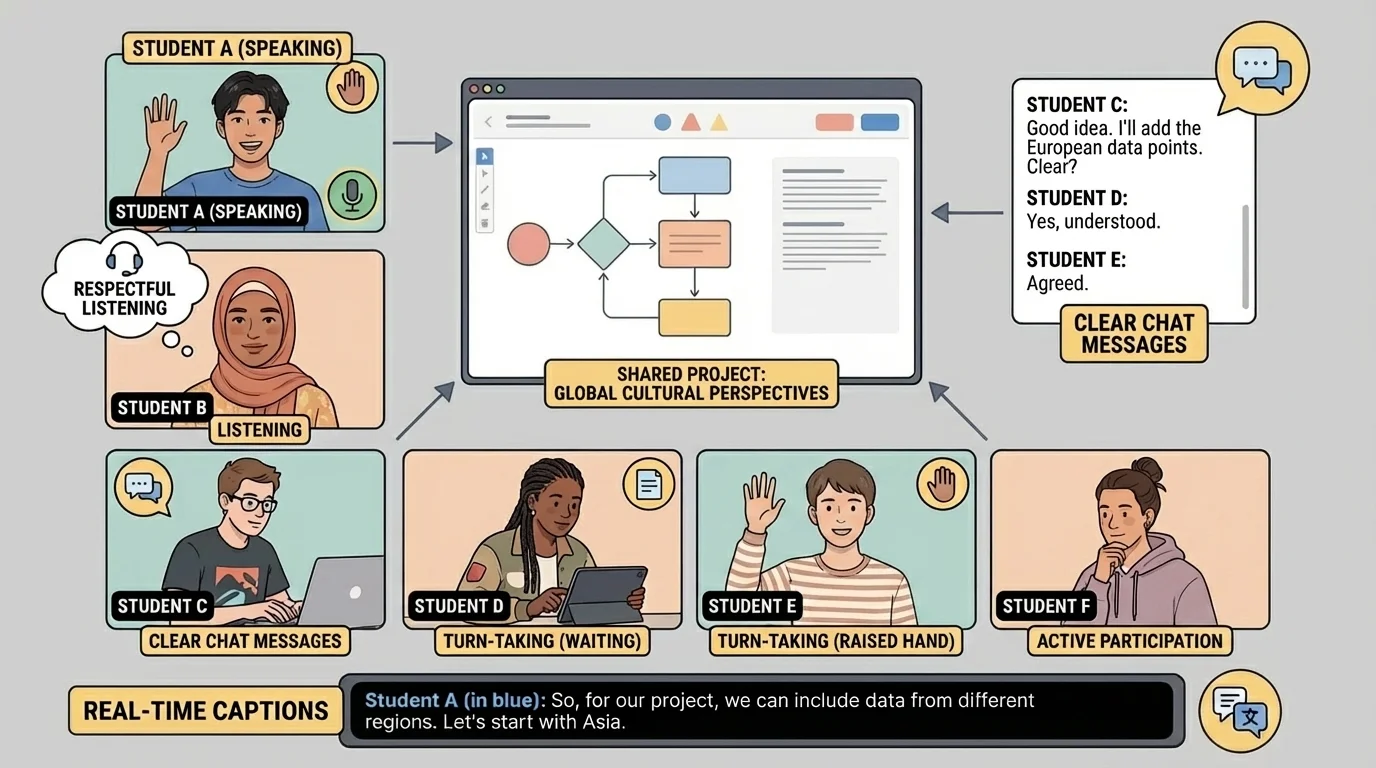 students on a video call using captions, turn-taking, clear chat messages, and respectful listening during a shared project