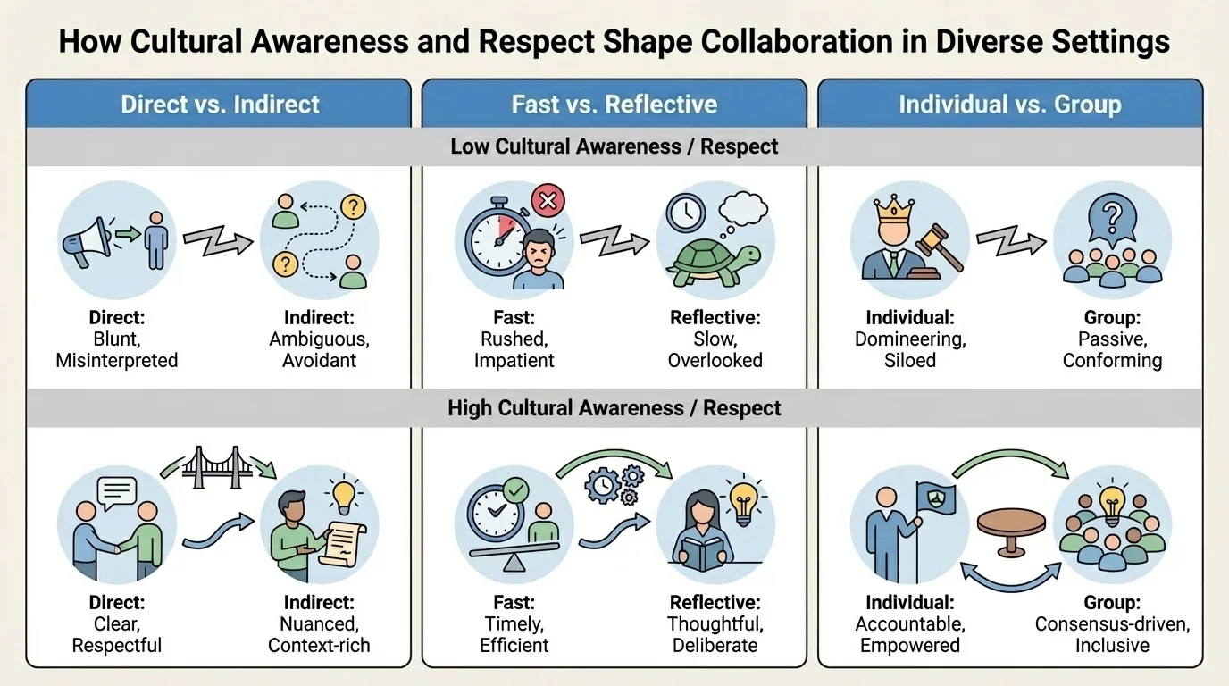 chart comparing direct versus indirect communication, fast versus reflective response timing, and individual versus group decision preferences in a team setting