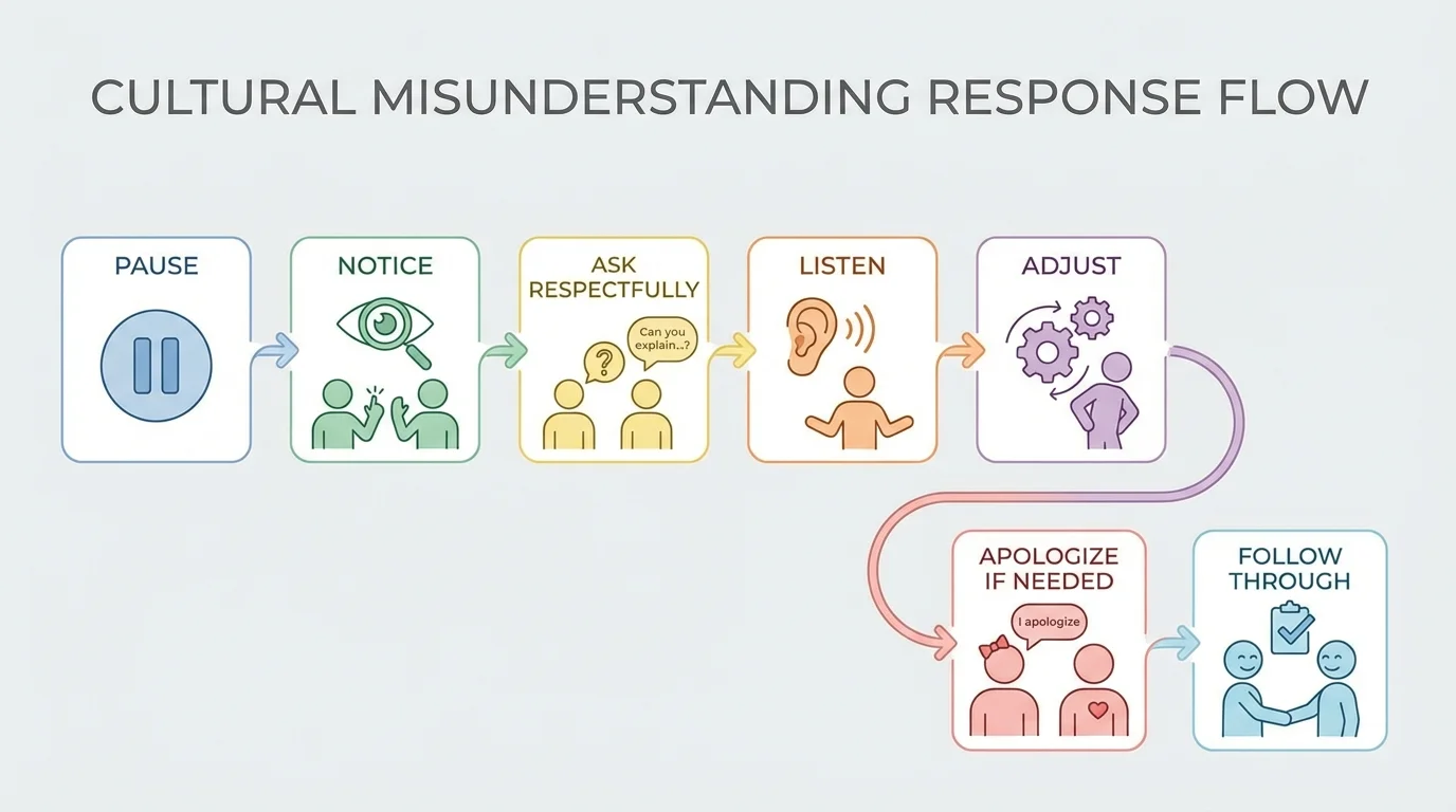 flowchart showing pause, notice, ask respectfully, listen, adjust, apologize if needed, and follow through after a cultural misunderstanding