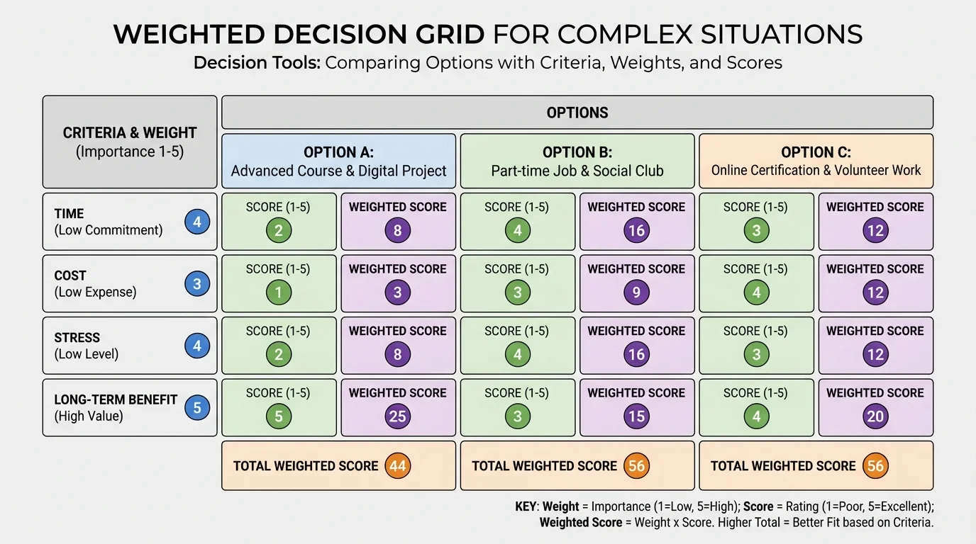 Chart showing a weighted decision grid comparing three options with criteria such as time, cost, stress, and long-term benefit