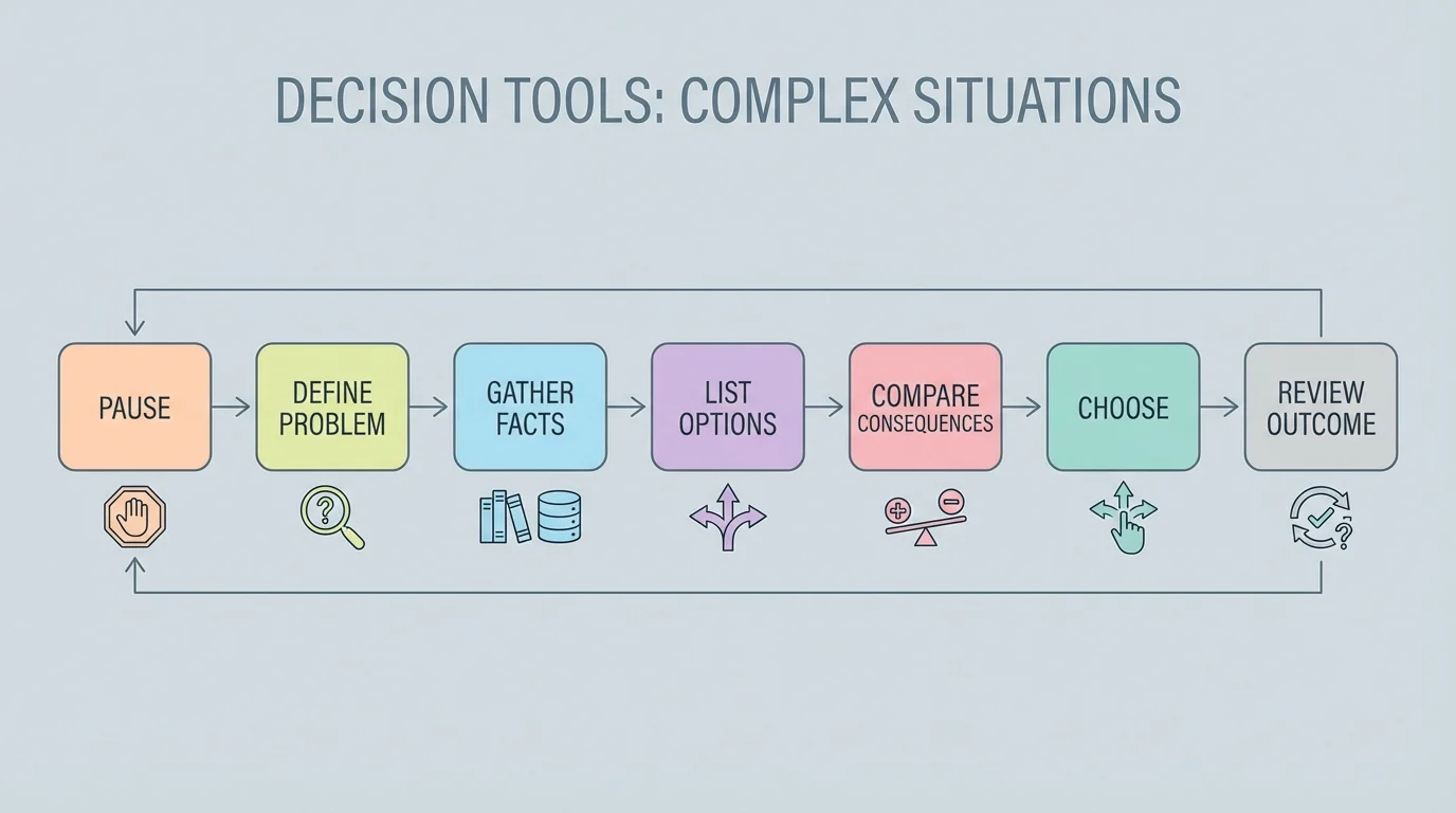 Flowchart showing decision steps: pause, define problem, gather facts, list options, compare consequences, choose, review outcome