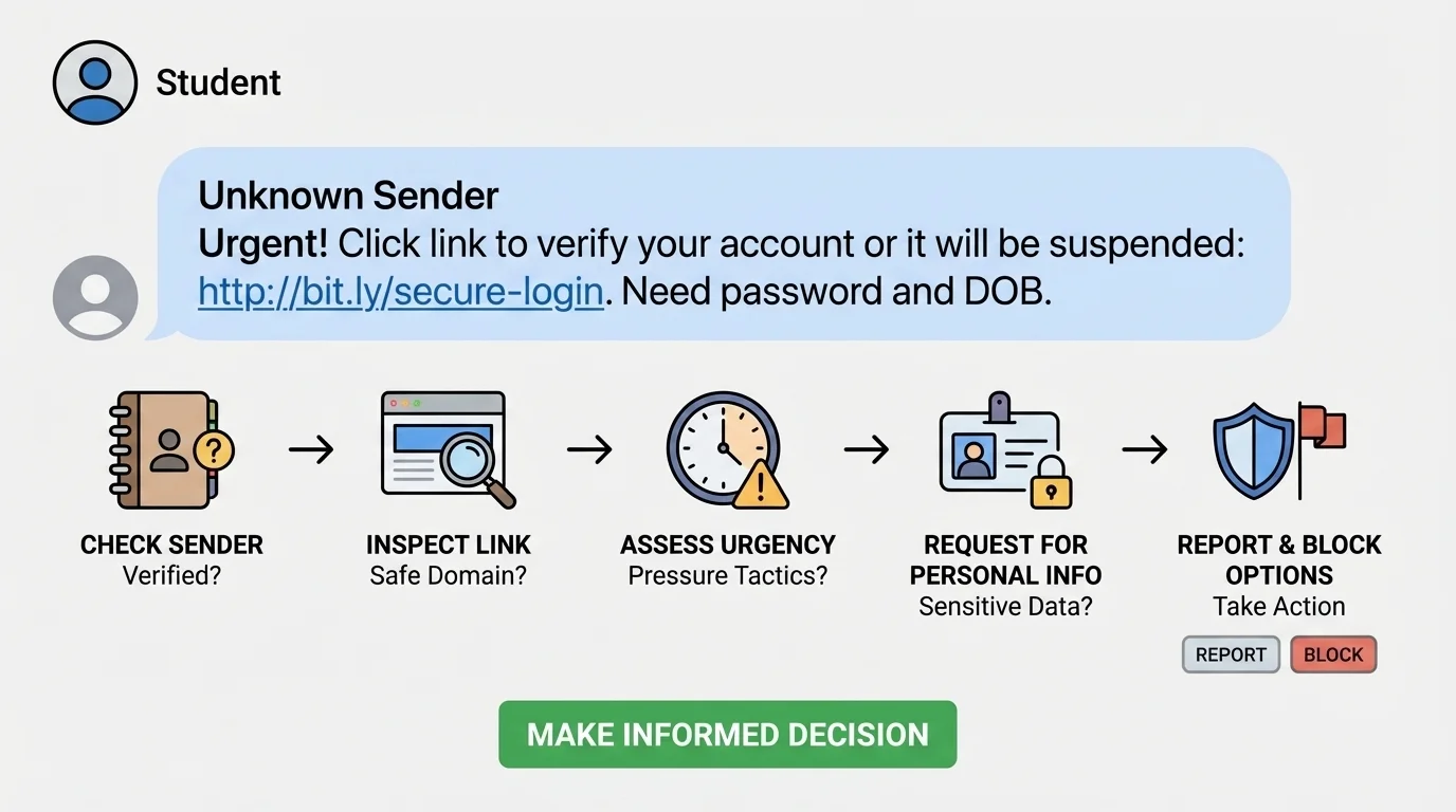 Illustration of a student evaluating a message on a phone with checks for sender, link, urgency, request for personal information, and report block options