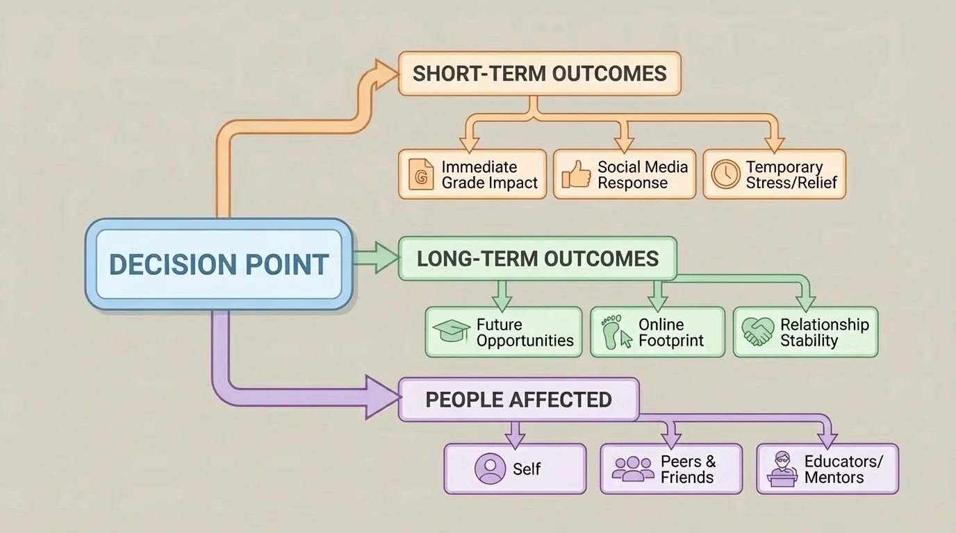 Flowchart showing one decision branching into short-term outcomes, long-term outcomes, and people affected