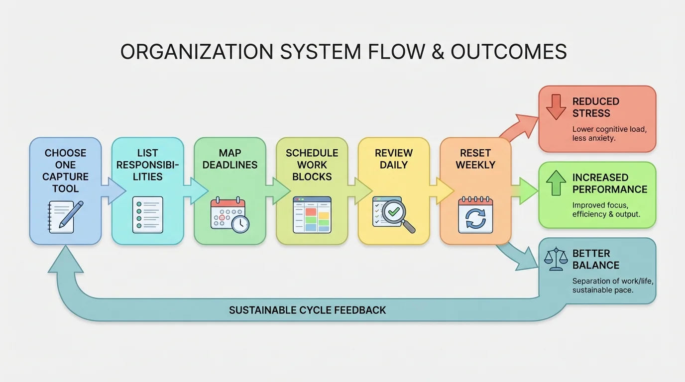 Flowchart showing steps choose one capture tool, list responsibilities, map deadlines, schedule work blocks, review daily, reset weekly