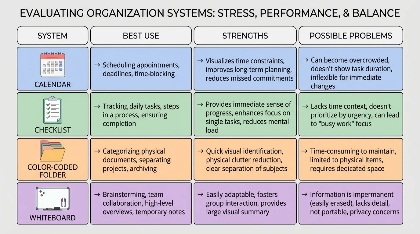 Chart comparing calendar, checklist, color-coded folder, and whiteboard organization systems with columns for best use, strengths, and possible problems