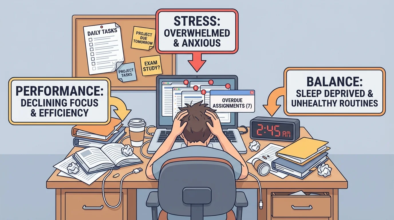 Student at home workspace with overdue notifications, cluttered desk, many open tabs, forgotten checklist, late-night clock, and labeled warning signs of a failing organization system