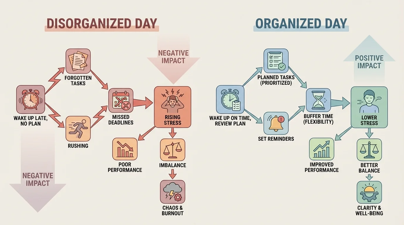 Flowchart comparing a disorganized day with forgotten tasks, rushing, missed deadlines, and rising stress versus an organized day with planned tasks, reminders, buffer time, and calm completion