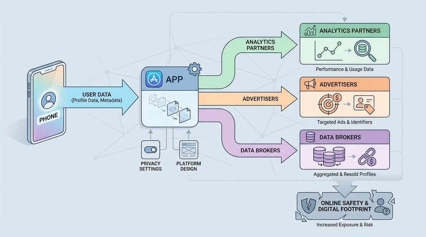 flow of user data from a phone to an app, then to analytics partners, advertisers, and data brokers, including profile data and metadata