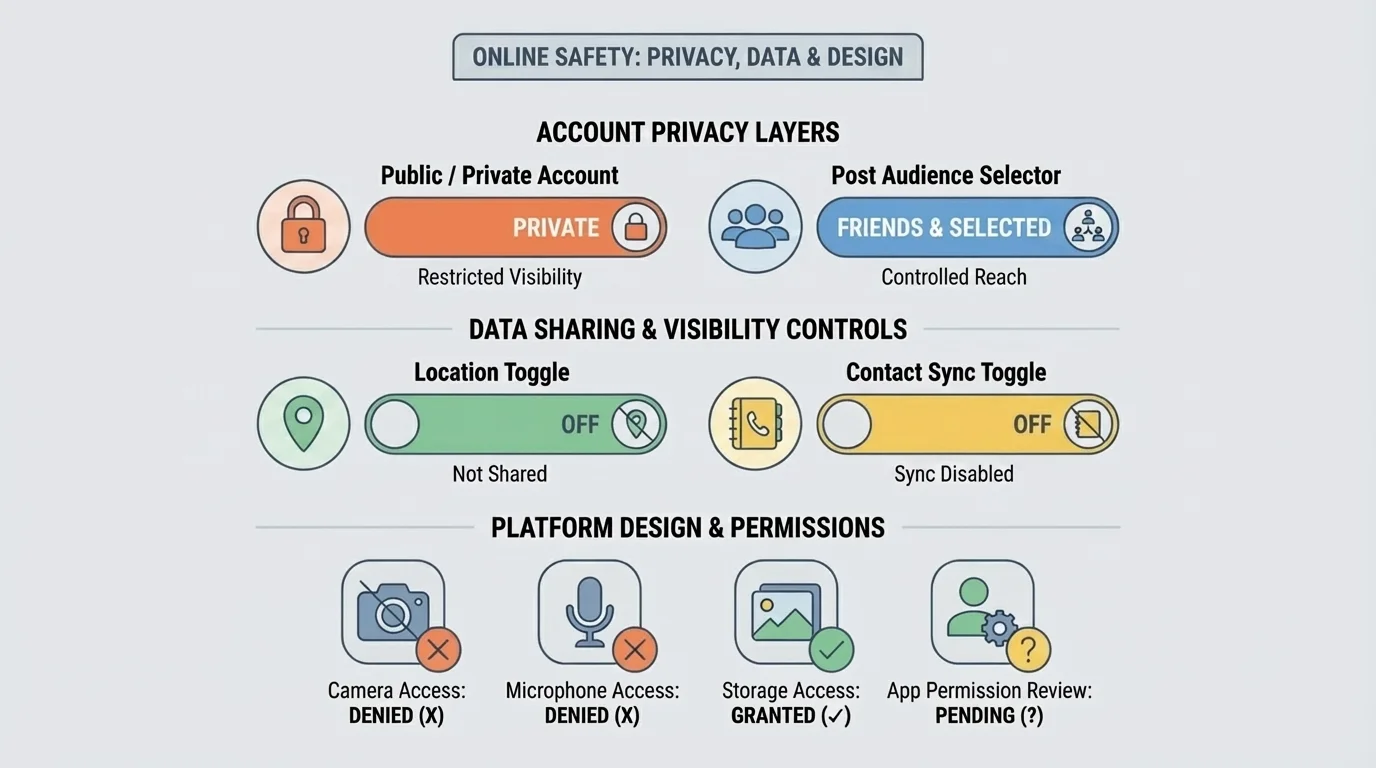 phone screen style diagram showing account privacy layers with public/private account choice, post audience selector, location toggle, contact sync toggle, and app permission icons