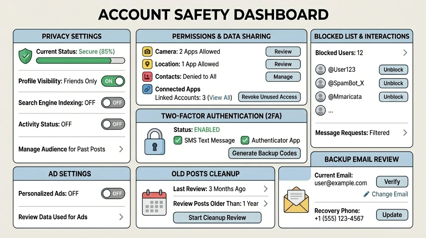checklist-style account safety dashboard with categories for privacy, permissions, two-factor authentication, blocked list, ad settings, old posts cleanup, and backup email review