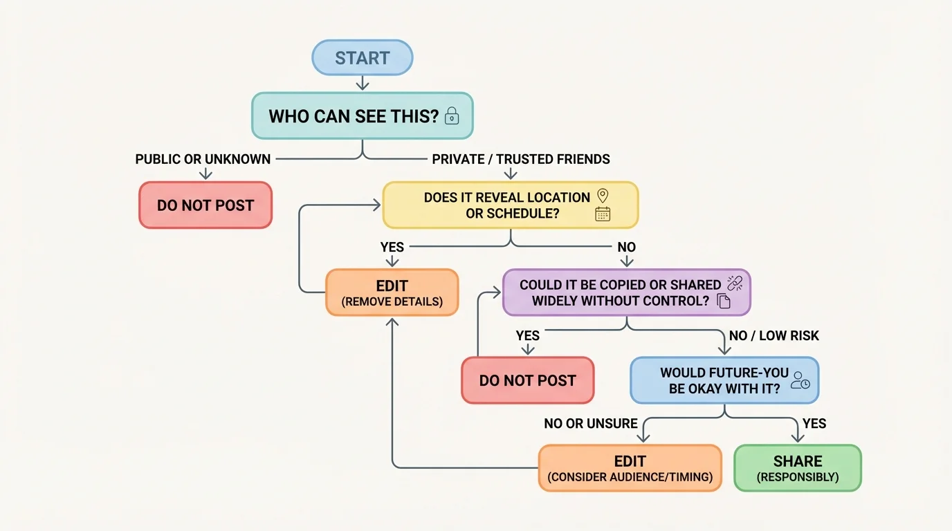 decision tree asking who can see this, does it reveal location or schedule, could it be copied, and would future-you be okay with it, leading to share, edit, or do not post