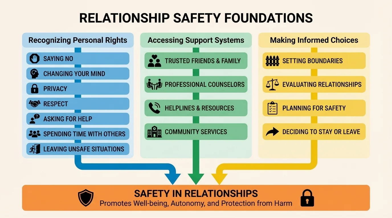 Comparison-style chart listing personal rights in relationships, including saying no, changing your mind, privacy, respect, asking for help, spending time with others, and leaving unsafe situations