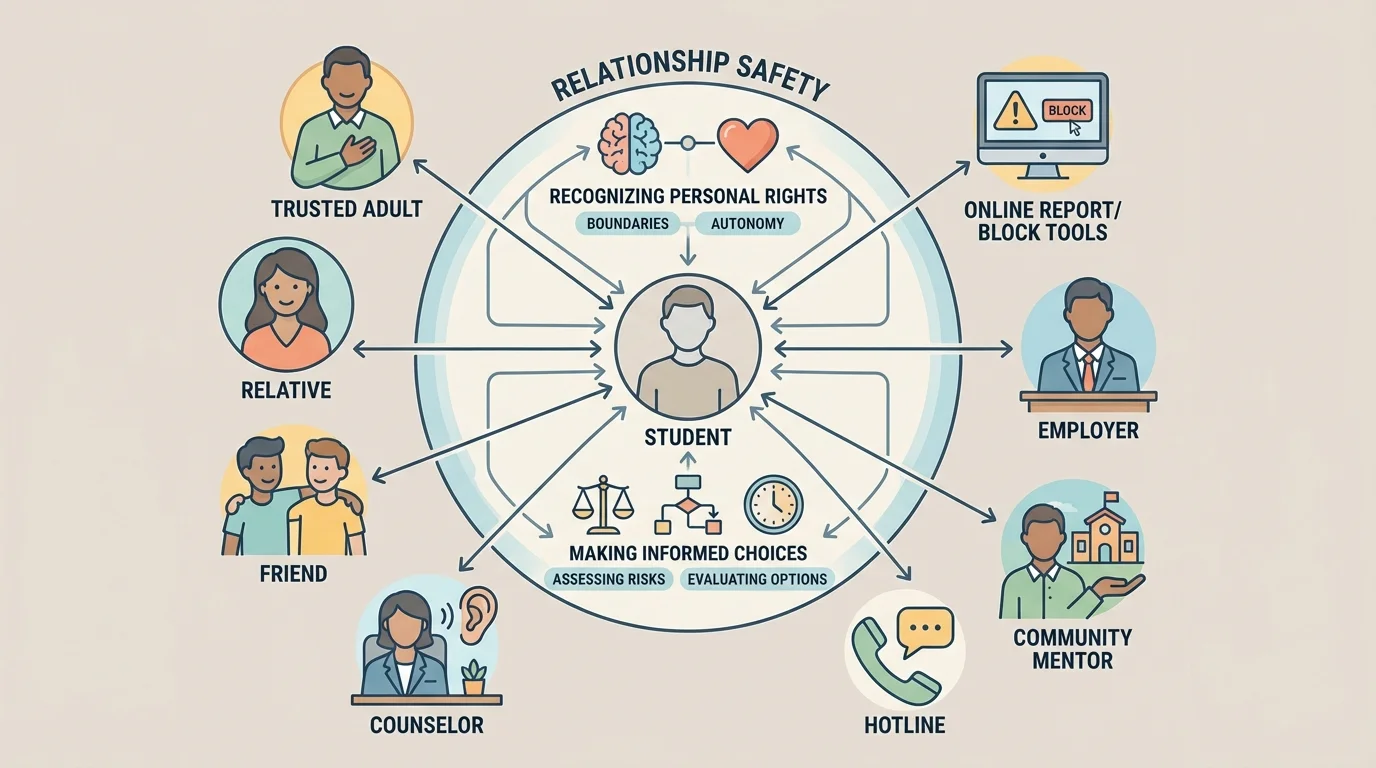 Student at center connected to support options including trusted adult, relative, friend, counselor, hotline, community mentor, employer, and online report/block tools
