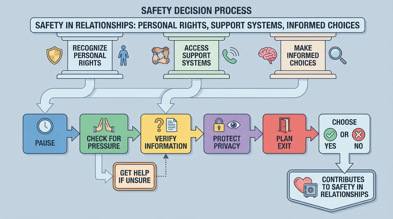 Safety decision process with boxes and arrows reading pause, check for pressure, verify information, protect privacy, plan exit, choose yes or no, and get help if unsure