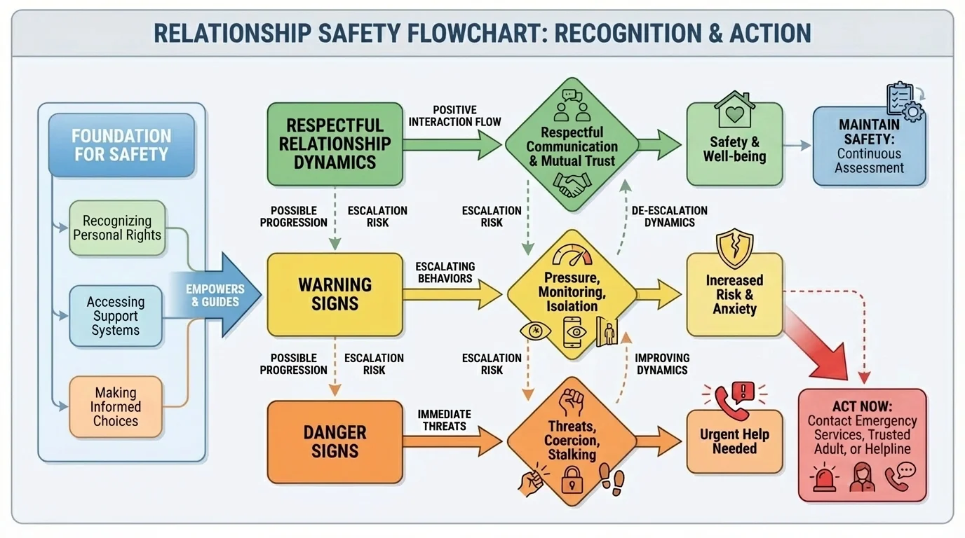 Decision flowchart showing relationship behaviors moving from respectful communication to warning signs like pressure and monitoring, then to danger signs like threats, coercion, stalking, and urgent help needed