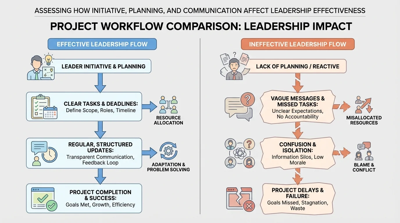 Side-by-side online project workflow comparison, left path showing clear tasks, updates, deadlines, and completion, right path showing vague messages, missed tasks, confusion, and failure