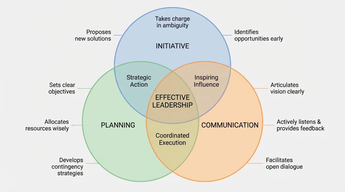 Venn-style diagram with three overlapping circles labeled initiative, planning, and communication, with effective leadership in the center and short examples around each circle