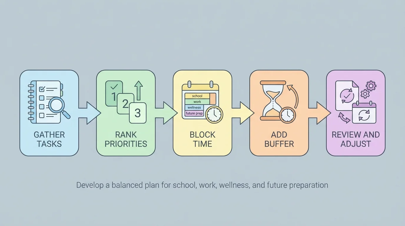 flowchart showing steps gather tasks, rank priorities, block time, add buffer, review and adjust