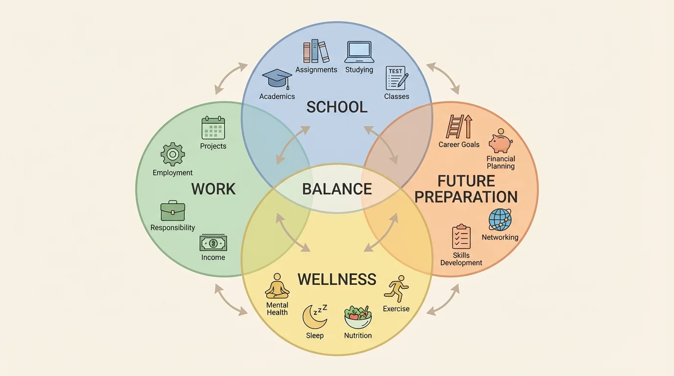 four connected circles labeled school, work, wellness, and future preparation, with overlap in the center labeled balance