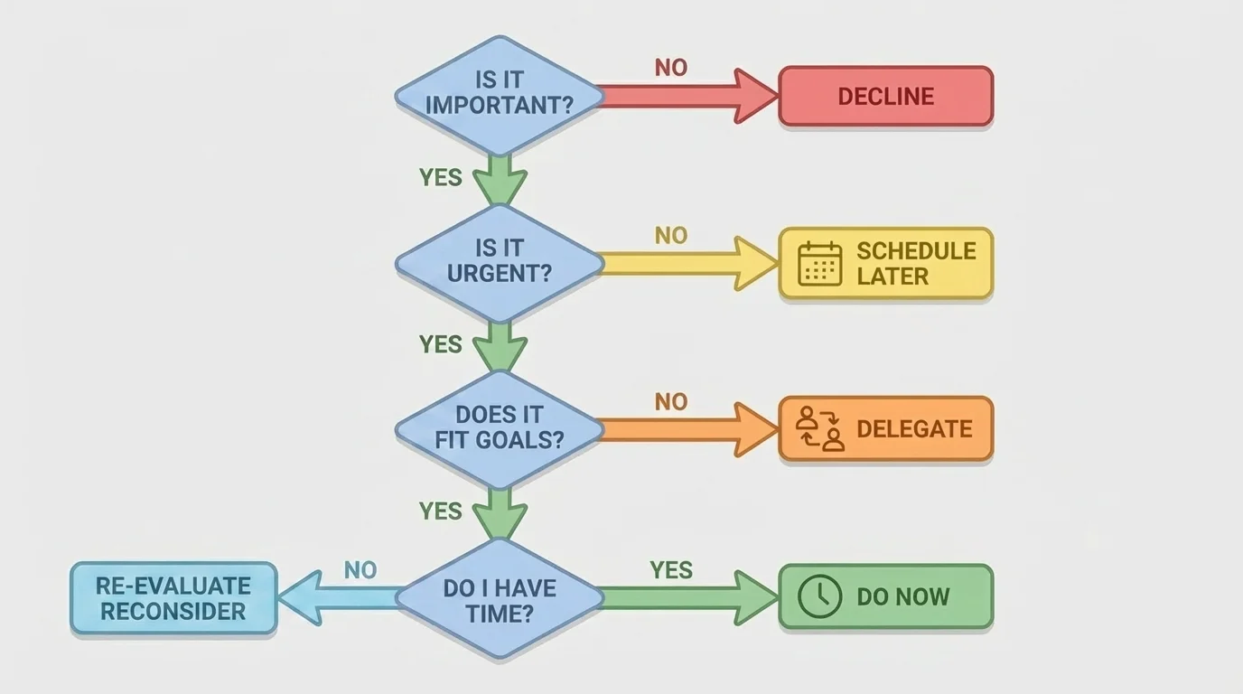 decision tree asking Is it important? Is it urgent? Does it fit goals? Do I have time? leading to do now, schedule later, delegate, or decline
