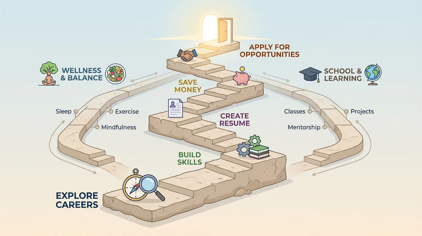staircase or path with steps labeled explore careers, build skills, create resume, save money, apply for opportunities