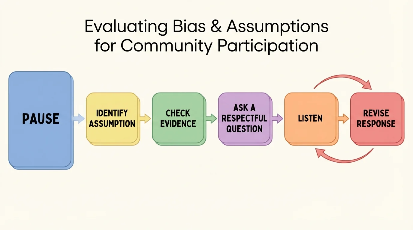 Flowchart showing pause, identify assumption, check evidence, ask a respectful question, listen, revise response