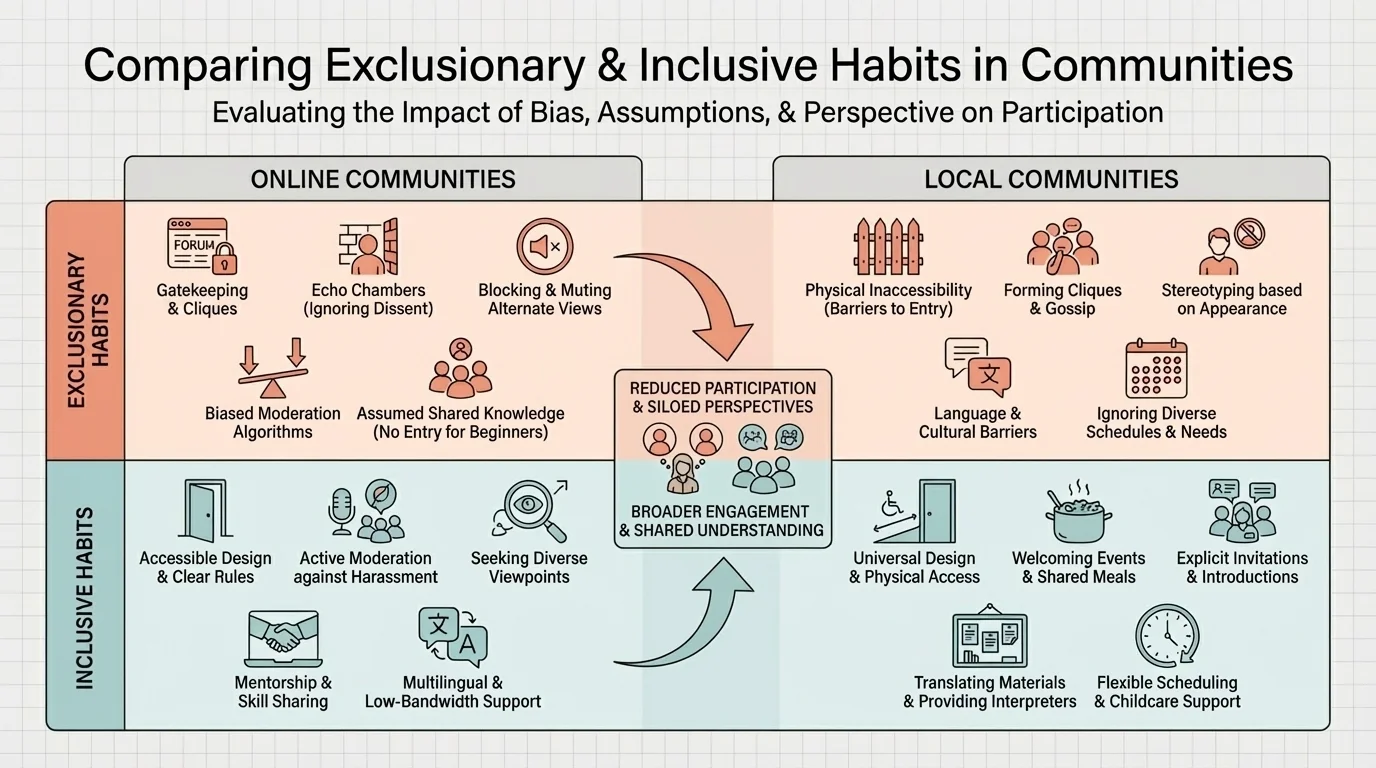 Chart comparing exclusionary habits and inclusive habits in online and local communities