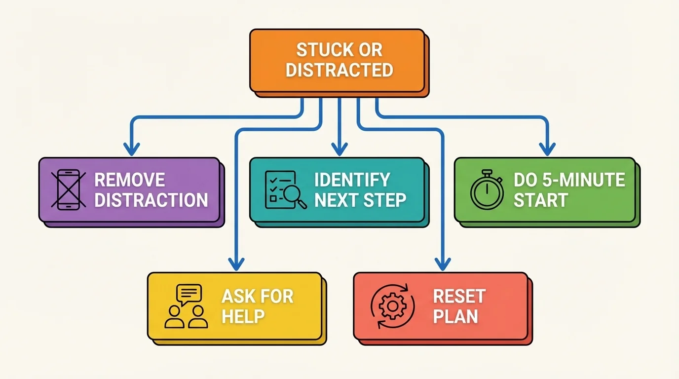 decision flow for when stuck or distracted with boxes for identify next step, remove distraction, do 5-minute start, ask for help, and reset plan
