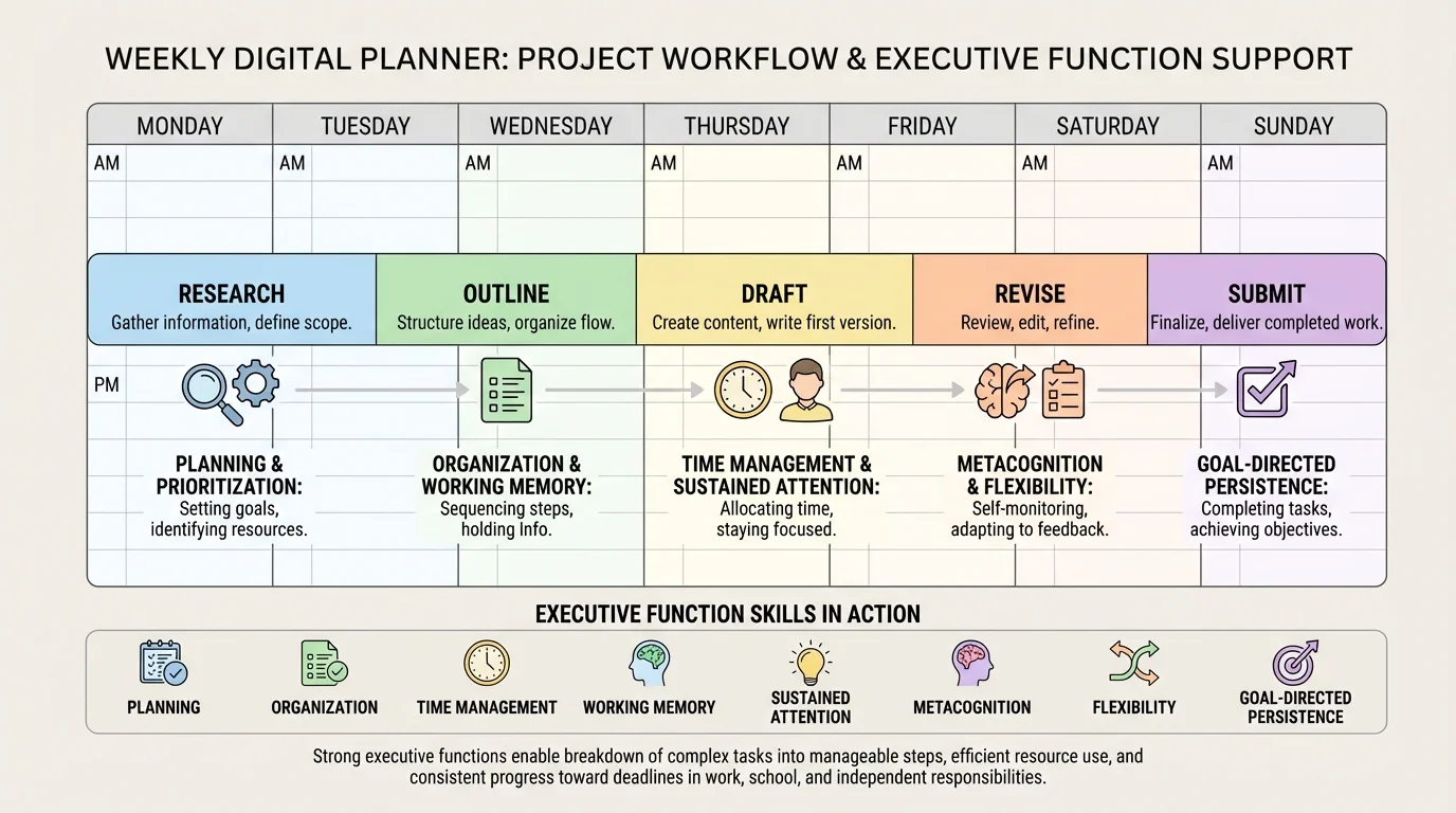 one-week digital planner with a project divided into research, outline, draft, revise, and submit steps
