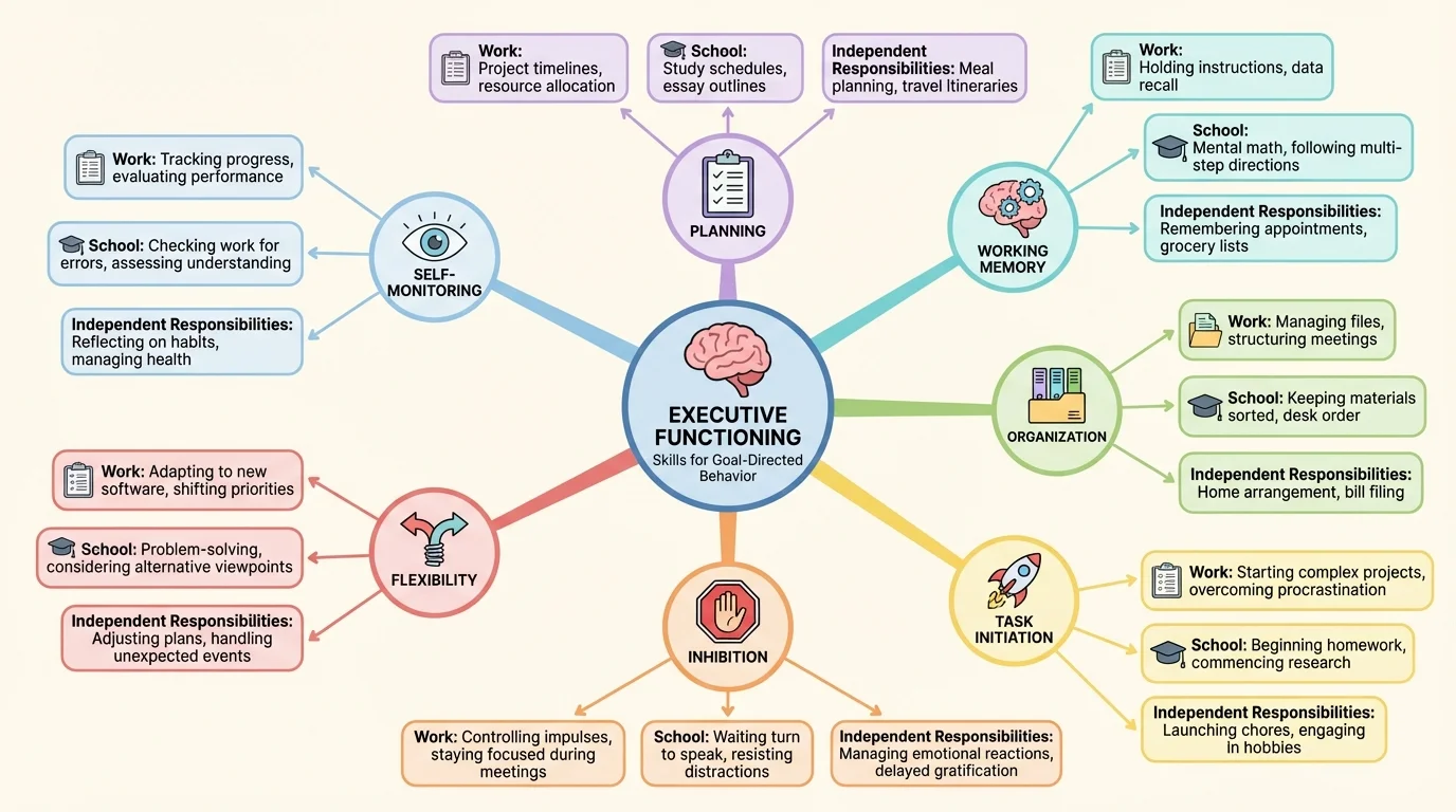 executive functioning in the center with branches to planning, working memory, organization, task initiation, inhibition, flexibility, and self-monitoring